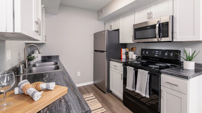 This stylish kitchen features modern stainless steel appliances, sleek countertops, and ample storage space, making it perfect for culinary enthusiasts. - Emory Lakes Luxury Apartments