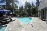 This outdoor amenity area offers a welcoming retreat centered around a generously sized swimming pool with clear, turquoise water. The pool is complemented by a separate spa, providing options for both active swimming and relaxing hydrotherapy. A spacious concrete sun deck surrounds the pool and spa, furnished with multiple white lounge chairs and shaded seating areas equipped with blue patio umbrellas, ideal for enjoying sunny California days.

Adjacent to the pool, a stone picnic table and bench set provides a comfortable outdoor dining and gathering space. The entire area is enclosed by a dark metal iron fence, ensuring privacy and security, with a dedicated gated entry point. A life preserver ring is mounted nearby for safety.

The surrounding landscape is rich with mature palm trees and well-maintained hedges, lending a resort-like atmosphere to the space. Additional lounge chairs are positioned in quieter sun-soaked corners of the deck, offering a more secluded relaxation experience. The adjacent building features a neutral stucco exterior with columned architectural detailing, adding a clean and classic aesthetic to the overall environment. The combination of lush greenery, thoughtful amenities, and well-maintained hardscape creates an inviting and functional outdoor space.
