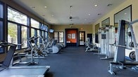 This single-floor fitness center offers a spacious and thoughtfully designed workout environment suited for a range of exercise routines. The layout is open and efficiently organized, providing ample floor space for movement between stations. Along one side of the room, a row of cardio machines — including treadmills, ellipticals, and stationary bikes — lines the wall beneath mounted flat-screen televisions, offering entertainment during workouts. Large windows along this side allow natural light to fill the space while providing views of the surrounding greenery outdoors. The opposite side of the room features strength training equipment, including a multi-function cable and weight machine, complemented by mirrored wall panels that enhance the sense of openness and allow for form monitoring. Dark rubber flooring covers the entire space, providing durability and comfort underfoot. Recessed lighting and ceiling-mounted fans keep the environment well-lit and ventilated. A bold orange accent wall near the back entry adds a vibrant, energizing touch to the overall aesthetic. The fitness center is designed to be functional, welcoming, and fully equipped for both cardiovascular and strength-based training needs.