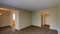 This single-floor residential space offers a functional and straightforward layout designed for comfortable everyday living. The interior is finished with wall-to-wall carpeting in a warm, neutral tone that adds a sense of coziness underfoot, while the surrounding walls are painted in a soft beige that promotes a calm and welcoming atmosphere throughout.

The main living area is open and generously proportioned, providing ample room for a variety of furniture arrangements. White baseboards frame the perimeter of the space, adding a clean, finished look that contrasts neatly with the neutral walls. A textured ceiling adds a subtle visual element overhead.

A built-in closet with bifold doors offers practical storage directly within the living space, making organization straightforward and convenient. An adjacent room, visible through an open doorway, features hard-surface flooring and benefits from natural light streaming in through a window, suggesting it may serve as an additional living or utility area.

The overall ambiance of the space is clean, understated, and move-in ready, with a neutral palette that provides a versatile backdrop for a range of interior styles. The simple, uncluttered design allows occupants to personalize the space with ease.