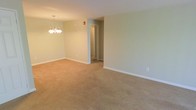 This single-floor space presents a straightforward and functional design centered around an open living area. The room is finished with wall-to-wall beige carpeting that adds warmth underfoot and contributes to a soft, neutral aesthetic throughout. The walls are painted in a light sage green, creating a calm and understated ambiance that complements the overall color palette.

A decorative chandelier with a classic multi-arm design serves as a focal point overhead, providing both ambient lighting and a touch of traditional style. White baseboards run along the perimeter of the room, offering a clean contrast to the muted wall tones. A fire safety device is visible on the wall, highlighting practical built-in safety features.

An interior opening leads to a hallway, which provides access to additional areas of the space, including what appears to be a doorway at the far end. The layout feels open and unobstructed, allowing for flexible furniture arrangement. The overall ambiance is clean, quiet, and move-in ready, making it a practical and adaptable living environment suited to a variety of needs.