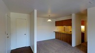 This single-floor space showcases a practical, open-concept layout that seamlessly connects the living, dining, and kitchen areas. The living and dining zone is finished with wall-to-wall carpeting, providing a warm underfoot feel, while darker hardwood-style flooring transitions into the kitchen area. A pendant light fixture hangs centrally over the dining space, casting a warm glow and serving as a subtle focal point in the otherwise understated room.

The kitchen is defined by rich, warm-toned wood cabinetry that extends to the upper wall, offering generous storage capacity. A matching wood-paneled breakfast bar acts as a natural divider between the kitchen and the living space, providing additional functionality for casual dining or workspace. Built-in appliances, including a refrigerator and cooktop, are neatly integrated into the kitchen layout.

White walls throughout the space create a clean, neutral backdrop that enhances the sense of openness. A sliding closet door is visible near the entryway, adding practical storage. The overall ambiance is modest and functional, with warm wood accents offering a degree of visual warmth against the neutral surroundings.