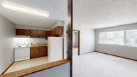 Located at 285 Robins Rd in Hiawatha, Iowa, this single-floor, one-bedroom, two-bathroom unit offers a practical and well-organized layout. The open-concept kitchen features warm wood cabinetry, a built-in breakfast bar, tile-style flooring, and overhead fluorescent lighting — connecting seamlessly to the living area. The spacious living room is carpeted and bathed in natural light from a large window, providing a welcoming and functional gathering space with a wood-trimmed entry door.

The bedroom is comfortably sized and includes a ceiling fan with light fixture, a natural-light window with exterior views, and a wood-paneled sliding closet door for ample storage. The neutral gray walls and plush carpet carry throughout the bedroom and living areas, giving the unit a clean and cohesive feel.

Two full bathrooms serve the unit, one of which includes a full tub-and-shower combination with a modern rainfall showerhead. Additional storage is provided by two closets accessible from the main living areas. Textured ceilings and warm wood-toned trim details are consistent throughout, lending the space a classic, understated character well-suited for everyday comfortable living.