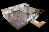 This single-floor unit offers a well-organized layout with 1 bedroom and 1 bathroom. The galley-style kitchen runs along two parallel walls, featuring white cabinetry, speckled laminate countertops, a double-coil electric range, a full-size refrigerator, and an over-range microwave. Wood-style plank flooring lines the kitchen, adding a clean, modern touch. The living area is spacious relative to the unit's footprint, with the same wood-style flooring, a textured ceiling, a ceiling fan, and a large window with vertical blinds that brings in natural light and provides outdoor views. A separate entry door with an adjacent window further enhances the light in this area. The bedroom is finished with plush carpet, a window with vertical blinds for natural light, and a textured ceiling. The bathroom includes a single-sink vanity with speckled countertop, dual wall-mounted mirrors, a lighted vanity strip, and a separate water closet. Wood-style flooring continues into the bathroom, maintaining a cohesive aesthetic. The overall ambiance is clean, neutral, and move-in ready.