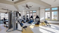 This fitness center in Memphis, Tennessee, is a thoughtfully designed, single-floor facility that offers a comprehensive workout environment across multiple distinct zones. The space features a bright, open layout defined by crisp white walls, vaulted and tray ceilings, and large multi-pane windows that flood the interior with natural light while providing views of the surrounding outdoor scenery.

The main cardio and strength area is equipped with treadmills, elliptical trainers, an upright cycle, and a multi-station cable machine, all arranged on a durable floor featuring a bold yellow geometric accent pattern. Ceiling fans overhead support air circulation throughout the workout space. A dedicated free weights area includes a dumbbell rack and adjustable benches positioned beneath a wall-mounted television and expansive windows.

A separate spin studio offers a more focused training environment, outfitted with performance cycling bikes, dark hardwood flooring, full-length mirrors, and a large flat-screen display. Recessed lighting and a ceiling fan complete the room's functional design.

Additional amenities include a water station, hand sanitizer dispenser, and access to restroom facilities. French doors connect the fitness center to an adjoining common area, enhancing the overall flow of the facility. The combination of natural light, varied equipment, and defined training zones creates a well-rounded and inviting fitness destination.