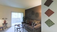 This single-floor space showcases a thoughtfully designed living room that serves as its central feature. The room is anchored by a deep charcoal accent wall, which provides a striking contrast against the lighter surrounding walls, creating a sense of depth and visual interest. Three decorative medallion wall hangings adorn the accent wall, adding an artistic focal point to the space.

A generously sized, plush gray sofa is positioned as the room's centerpiece, dressed with an assortment of patterned throw pillows that introduce texture and color. A dark wood and metal coffee table sits in front of the sofa, offering both function and style. Carpeted flooring runs throughout the living area, contributing to a warm and comfortable atmosphere.

Natural light is a key feature of this space, provided by a large sliding glass door fitted with vertical blinds. The door opens to a balcony or patio area, where outdoor seating is visible, offering a pleasant outdoor extension. A lush indoor plant near the door further enhances the connection between interior and exterior, adding a natural, refreshing element to the overall ambiance.