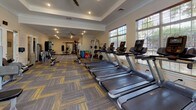 This spacious fitness center is thoughtfully designed to accommodate a wide range of workout routines. The main area features a prominent tray ceiling accented with crown molding and recessed lighting, complemented by ceiling fans that promote airflow throughout the space. Patterned carpet tiles in gray and gold tones cover the floors, adding a polished aesthetic while providing comfort underfoot.

Natural light filters in through multiple windows fitted with horizontal blinds, offering views of surrounding greenery and contributing to an inviting atmosphere. The cardio zone is well-stocked with a row of treadmills equipped with individual monitors, alongside elliptical machines and stationary bikes positioned to face the windows.

The strength-training section includes multi-station cable machines and benches suited for a variety of resistance exercises. A dedicated functional training area features a cable tower system, TRX suspension straps, squat racks, and a wall-mounted rack holding medicine balls and accessories. Glass-paneled doors provide visual separation between zones while maintaining an open feel. The overall layout is organized and spacious, making efficient use of the available area for a comprehensive fitness experience.