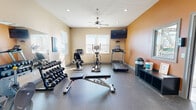This compact yet fully outfitted exercise room delivers a comprehensive fitness experience within a thoughtfully organized single-floor layout. The space features durable speckled rubber flooring throughout, providing both safety and comfort during workouts. Neutral beige walls are accented by a warm orange feature wall, adding energy to the room's ambiance, while recessed lighting and a ceiling fan ensure the space remains well-lit and comfortable during use.

Cardio equipment includes a treadmill, elliptical trainer, and a recumbent stationary bike, all positioned to take advantage of natural light flowing in through multiple windows fitted with white blinds. A wall-mounted flat-screen television is positioned above the cardio area for entertainment during workouts. Strength training is well-supported with a multi-station cable machine, an adjustable weight bench, and a full rack of dumbbells. A large wall mirror reflects the room, enhancing the sense of space.

A dedicated storage closet with a glass-paned door houses an assortment of exercise balls, resistance bands, foam rollers, and other accessories. Decorative artwork adds a finishing touch to the walls, and a small cubby unit near the entry provides additional storage. The room is efficiently designed to support a wide range of fitness activities in a clean, organized environment.