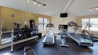 This fitness center offers a spacious, single-floor layout designed to accommodate a full range of workout routines. The space is defined by striking vaulted ceilings that create an open, airy atmosphere, complemented by track lighting that ensures consistent illumination throughout. Large windows line the walls, flooding the interior with natural light and providing views of the surrounding outdoors. The flooring features durable rubber matting, practical for both heavy equipment and floor exercises. A full-wall mirror on one side enhances the sense of space while allowing users to monitor their form. The strength training area is outfitted with multiple Paramount cable and selectorized machines, along with benches and free weight stations including a comprehensive dumbbell rack. The cardio section features treadmills, an upright cycle, and an elliptical trainer, all positioned near a classic white brick fireplace that serves as a distinctive architectural focal point. A wall-mounted flat-screen television is positioned above the fireplace, adding an entertainment element to workout sessions. The warm, neutral-toned walls and well-organized equipment layout create a functional yet welcoming environment suited for a thorough fitness routine.
