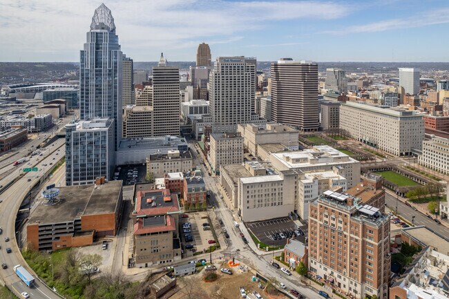 An aerial view of the bustling City Center, Cincinnati, OH.