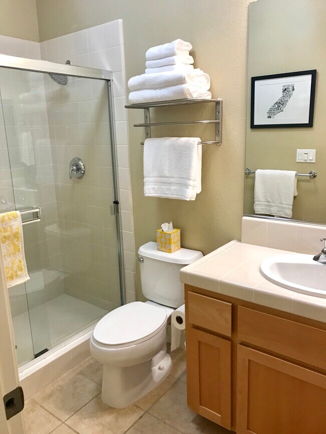 The bathroom includes a large shower with glass doors, vanity and medicine cabinet. Fluffy towels are provided if requested. - 248 Buttercup Ct