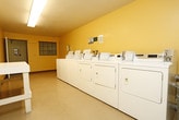 This shared laundry facility is designed with practicality and convenience in mind. The room is finished with warm yellow walls and a smooth ceiling, creating a bright and welcoming atmosphere. Overhead fluorescent lighting ensures the space remains well-lit at all times, complemented by natural light streaming in through a row of large windows along the back wall, which also offer views of the surrounding outdoor greenery.

The facility is equipped with multiple top-load washing machines and front-load dryers, all neatly arranged for easy access. A long, sturdy white folding table runs along one wall, providing ample surface space for sorting and folding laundry. A corkboard is mounted on the wall near the entrance, serving as an informational hub for notices and guidelines.

The flooring is a smooth, easy-to-clean surface with a door mat at the entry point, maintaining cleanliness throughout. The layout is open and spacious, allowing for comfortable movement even when multiple users are present. Overall, this laundry room combines functional design with a clean, tidy environment, making it a highly practical shared amenity.