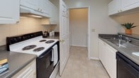 This single-floor unit offers a thoughtfully laid-out interior with distinct functional zones. The galley-style kitchen is equipped with white cabinetry accented by brass hardware, a tile backsplash, electric coil range, and dark countertops. Light tile flooring runs underfoot, and a door leads to an adjacent utility or pantry area, adding practical storage. A pass-through opening connects the kitchen to the main living area, creating an open, communicative flow between spaces.

The living area is generously sized, finished with neutral carpet and crisp white walls. A standout arched window floods the room with natural light and offers views of surrounding greenery, while a secondary glass door provides additional brightness. HVAC vents are integrated into the walls, and the layout accommodates flexible furniture arrangements.

The bedrooms continue the carpeted flooring and neutral palette, each with windows that invite natural light and outdoor views of lush tree coverage. The bathroom features matching light tile flooring, a pedestal-style vanity, and clean white finishes throughout. A walk-in closet adjacent to the bathroom provides organized wire shelving, maximizing storage capacity. Overall, the unit presents a clean, functional design with consistent finishes throughout.