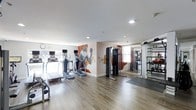 This fitness center offers a thoughtfully designed workout environment spread across a single floor. The space features durable hardwood-style flooring throughout, providing a clean and practical surface suited for a variety of exercises. Recessed lighting illuminates the room evenly, complementing the natural light that filters in through the windows along the walls.

A striking hand-painted mural of an athletic figure in motion serves as the visual centerpiece of the space, rendered in warm orange and neutral tones against the white walls. The mural adds an energetic and motivating ambiance to the room.

The cardio zone is well-appointed with treadmills and elliptical machines, each equipped with individual monitors for entertainment or workout tracking. A cable resistance machine anchors the strength training area, while a mirrored wall section near the windows expands the sense of space and supports form-checking during workouts. Additional strength and functional training equipment, including racks and accessories, line the perimeter.

Overall, the fitness center maintains a clean, modern aesthetic with a practical layout that accommodates both cardio and strength training in an open, energizing environment.