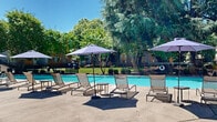 Located at 2366 American River Dr in Sacramento, California, this outdoor amenity space offers a well-appointed recreational area designed for relaxation and leisure. At the heart of the space is a generously sized swimming pool with clear, inviting turquoise water, framed by a spacious concrete sun deck. Lounge chairs and shade umbrellas are arranged along the poolside, providing ample space to unwind under the California sun. Adjacent to the main pool is a dedicated spa, perfect for relaxation. A covered pergola structure near the entrance adds a charming architectural accent, offering a shaded gathering spot surrounded by decorative landscaping including ornamental grasses and river rock accents. The entire pool area is enclosed by a black wrought iron security fence, ensuring a safe and private environment. Mature, towering trees surround the perimeter, casting dappled shade across the deck and creating a tranquil, park-like atmosphere. The multi-story residential building is visible in the backdrop, with balconies overlooking the pool area. Storage facilities with utility access are also present on the ground level adjacent to the deck, adding practical convenience to this thoughtfully designed outdoor retreat.