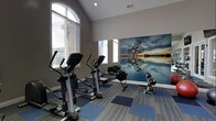This single-floor fitness space is thoughtfully designed to support a well-rounded workout experience. The room features vaulted ceilings that lend a sense of openness and airiness, while large arched and rectangular windows dressed with blinds allow ample natural light to fill the space throughout the day.

The cardio equipment lineup includes elliptical cross-trainers and a rowing machine, positioned to take advantage of the natural light from the windows. A set of dumbbells on a rack rounds out the strength training options, catering to a variety of fitness routines.

The flooring consists of modular carpet tiles in a mix of blue and gray tones, adding both comfort underfoot and a modern aesthetic. One wall is adorned with a striking large-format photographic mural depicting a serene lake scene with a lone tree reflected in calm water — a calming visual focal point that brings a sense of tranquility to the workout environment.

The neutral gray walls complement the contemporary design, and recessed lighting supplements the natural light for evening use. Overall, the space strikes a balance between functionality and visual appeal, creating an inviting and well-appointed fitness environment.