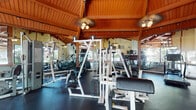 Located in Carson, CA, this single-story fitness center is defined by its striking architectural character. The soaring vaulted ceiling, clad in warm wood planking and supported by exposed timber beams, creates an open, airy atmosphere that sets this facility apart from a typical gym environment. Ceiling fans and pendant light fixtures hang from the apex, providing both ventilation and ambient lighting throughout the space.

Large floor-to-ceiling windows and glass walls line the perimeter, flooding the interior with natural light and offering views of the surrounding landscaping, including lush tropical foliage and a pool area accessible through glass doors. Full-length mirrors are strategically positioned to further enhance the sense of openness and allow users to monitor their form during workouts.

The fitness floor is finished with durable rubber flooring and is well-equipped with a varied selection of exercise equipment. Cardio machines include Star Trac treadmills and elliptical trainers, each outfitted with individual monitor screens. Strength training is supported by cable machines, weight benches, and a dumbbell rack. A dedicated functional training area features medicine balls, BOSU trainers, kettlebells, and interlocking mat flooring. A restroom is conveniently located within the facility.