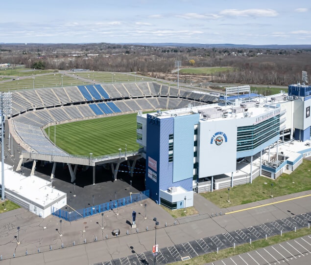 An image of Pratt & Whitney Stadium at Rentschler Field on a cool spring day.