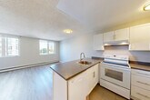 Located at 11005 98 Ave NW in Edmonton's vibrant Oliver neighbourhood, this efficiently designed single-floor unit makes excellent use of its compact footprint. The combined kitchen and living area forms the heart of the space, featuring light hardwood-style flooring, neutral beige walls, and a textured ceiling. Large windows along the living area's exterior wall allow generous natural light to filter in, offering views of surrounding greenery and the neighbouring cityscape. A baseboard heating system runs along the exterior walls, ensuring consistent warmth throughout.

The kitchen is defined by a peninsula-style counter with dark granite-look countertops, a stainless steel sink, and white cabinetry that extends to the upper walls, providing ample storage. White appliances, including a refrigerator and stove, complete the functional kitchen setup. A ceiling-mounted light fixture keeps the area well lit.

The bathroom is clean and modern, featuring white subway tile surrounding a full soaker tub and shower, dark granite-top vanity with under-sink cabinetry, tile flooring, and chrome fixtures throughout. A dedicated closet provides convenient storage to round out the unit's practical layout.