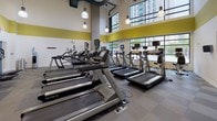 This fitness center is designed with both functionality and aesthetics in mind, offering a spacious, single-floor layout that accommodates a wide range of cardio equipment. The room's soaring ceilings create an open, airy atmosphere, accentuated by large floor-to-ceiling windows along one wall that flood the space with natural light and provide views of the surrounding urban environment.

The interior design features a clean, contemporary color scheme of white walls accented by a bold yellow-green horizontal band near the ceiling, lending the space an energetic, modern feel. Pendant lights hang from above, supplementing natural light and ensuring the room remains well-lit throughout. The flooring consists of a durable checkered gray tile pattern, practical for a high-traffic fitness environment.

Equipment is thoughtfully arranged throughout the room and includes multiple Matrix and True treadmills, a row of elliptical cross-trainers, and a Matrix rowing machine, each unit featuring individual monitor screens. Interior windows connect to an adjoining room, enhancing the sense of openness. Exposed ductwork on the ceiling adds an industrial design element, complementing the overall modern aesthetic of the space.