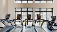 This contemporary fitness center is designed to deliver a premium workout experience within a bright, open, and thoughtfully organized single-floor space. Soaring ceilings and expansive floor-to-ceiling windows with black steel frames flood the interior with natural light and provide views of an outdoor amenity area, including a pool and courtyard spaces visible from the cardio zone.

The facility is accessed through sleek glass double doors framed in black steel, opening into a spacious, airy interior. The main workout floor is defined by polished structural columns, large wall-mounted mirrors, and smooth, durable flooring throughout. Cardio equipment is prominently featured along the window-facing walls, with multiple treadmills and elliptical machines arranged to take full advantage of the outdoor views. A dedicated strength training area houses a robust selection of free weights, a full dumbbell rack, adjustable benches, and a multi-functional cable machine system. A separate open studio area with mirrored walls offers ample space for stretching, group exercise, or functional training. Wall-mounted flat-screen televisions and recessed linear lighting contribute to a clean, modern aesthetic. The overall ambiance is energetic yet refined, combining professional-grade equipment with contemporary architectural design.