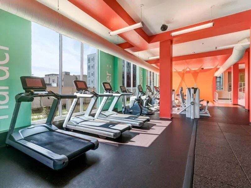 Treadmills and exercise machines in a modern apartment complex gym.