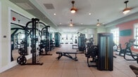 Located at 8209 Garden Catalina Cir in Lake Worth, Florida, this fitness center is a comprehensively outfitted facility designed to support a wide range of workout routines. The single-story space is organized into distinct zones, each tailored to a specific training focus, and is unified by a cohesive design featuring soft sage green and warm coral accent walls, rubber tile flooring, and recessed lighting complemented by pendant-style ceiling fans throughout.

The main strength and cardio area is generously proportioned, housing an extensive selection of Matrix selectorized machines, a full rack of dumbbells, adjustable benches, and cable systems. Floor-to-ceiling mirrors line one wall, enhancing the sense of openness and allowing users to monitor form. Large windows along the perimeter admit abundant natural light and offer views of the surrounding Florida landscape.

A dedicated cardio alcove features multiple treadmills positioned in front of a bank of windows, each equipped with individual monitors, with framed athletic artwork adorning the walls. A separate functional training room stands out with its vaulted ceiling, hardwood flooring, arched windows, and a large ceiling fan. This bright, airy space includes a power rack with a heavy bag, kettlebells, medicine balls, battle ropes, and a rowing machine, making it ideal for dynamic and group-style training.