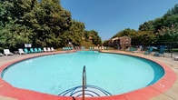 This outdoor amenity space centers around a generously sized, kidney-shaped swimming pool with clear blue water and a classic tiled entry point with metal handrails. The pool deck is finished in a durable concrete surface and is lined with an array of lounge chairs and colorful Adirondack chairs, providing ample space for relaxation and sunbathing. A lifeguard stand is positioned poolside, and the entire pool area is enclosed by a black iron safety fence for security.

Adjacent to the pool is a substantial wooden pavilion, constructed with sturdy timber framing and an exposed wood-paneled ceiling. The pavilion sits atop a raised wooden deck and houses multiple picnic-style tables with bench seating, making it well-suited for outdoor gatherings and social events. The open-air design of the pavilion allows for unobstructed views of the pool and surrounding greenery.

The space is bordered by a variety of mature deciduous trees that provide natural shade and a lush, green backdrop throughout the warmer months. A brick building with restroom and utility facilities is conveniently located adjacent to the pool deck. The overall setting is bright and inviting, with abundant natural light, a pleasant outdoor ambiance, and thoughtful amenities designed to support active outdoor recreation and community enjoyment.