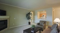 This single-floor residence offers a thoughtfully designed layout that balances comfort and functionality. The living area serves as the heart of the home, finished with plush wall-to-wall carpeting and painted in warm sage green tones that create a calm, inviting atmosphere. Crown molding lines the ceiling, adding a refined architectural detail throughout the space. A large indoor plant brings a natural, organic element to the room, complementing the neutral palette.

The living area connects seamlessly to the kitchen via a convenient pass-through window, which enhances the open feel of the floor plan and allows for easy interaction between the two spaces. The kitchen features warm wood-toned cabinetry, a white microwave and range, and a clean tile backsplash, offering a practical and neatly organized cooking area.

The furnishings in the living room include a patterned upholstered armchair and a dark wood coffee table, providing a cozy seating arrangement. Ample wall space and clean lines give the interior an uncluttered, airy quality. Natural and recessed lighting work together to keep the space bright and welcoming. Overall, this home presents a cohesive, comfortable living environment with classic design elements and a neutral color scheme suitable for a variety of styles.