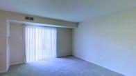 This single-floor space features a spacious living area finished with wall-to-wall carpeting in a neutral tone, contributing to a clean and understated aesthetic. The room is defined by a large sliding glass door fitted with full-length vertical blinds, which serve as the primary source of natural light and brighten the entire space. A structural beam accent runs along the ceiling near the window wall, adding a subtle architectural detail to the otherwise minimalist design. The walls are finished in a soft, neutral beige, complementing the light carpeting and creating a cohesive, calming atmosphere throughout. Ceiling-mounted HVAC vents indicate a central climate control system, ensuring year-round comfort. Multiple electrical outlets are positioned along the baseboards, offering practical functionality for furniture arrangements. The overall layout is open and unobstructed, providing flexibility for various uses. The space maintains a simple, functional character with an emphasis on natural light and neutral finishes.
