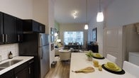 Located at 515 West Ave in Norwalk, Connecticut, this single-floor residence offers a well-designed open-concept layout that seamlessly connects the kitchen, living, and dining areas into one cohesive living space. The kitchen is outfitted with sleek dark cabinetry, stainless steel appliances, and a generous white countertop island that doubles as a breakfast bar, illuminated by elegant pendant lighting that adds a warm, modern touch. The open flow leads into a comfortable living area featuring light wood-style flooring, neutral tones, and a curated arrangement of seating that creates a relaxed yet polished ambiance. A dedicated dining area sits adjacent to a large window, allowing abundant natural light to fill the space and providing views of the surrounding exterior. The soaring vaulted ceiling above the living and dining areas enhances the sense of openness and airiness throughout. Accent walls in soft green add a subtle pop of color, complementing the contemporary décor. Track lighting overhead ensures the space is well-lit throughout the day and evening. The overall design balances functionality with modern aesthetics, making this a comfortable and visually appealing single-level home.