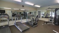 This fitness center is a dedicated, single-floor exercise facility designed to support a well-rounded workout routine. The space is outfitted with a selection of modern cardio equipment, including treadmills and an elliptical trainer, alongside strength and resistance training machines. Large wall-mounted mirrors span the length of the room, creating a sense of expanded space and allowing users to monitor their form during exercise. The flooring features durable, dark rubberized material well-suited for high-traffic fitness use. Overhead fluorescent lighting ensures the space is bright and evenly illuminated throughout. Glass-paneled doors along one wall allow natural light to filter into the room, providing views of the surrounding outdoor greenery and contributing to an open, airy atmosphere. A wall clock is mounted near the mirror, offering a practical touch for managing workout timing. The overall layout is clean and functional, with equipment arranged to allow comfortable movement between stations. The light-toned walls and reflective mirrors work together to keep the environment feeling spacious and energizing — making this fitness center a practical and welcoming space for daily exercise.