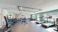 This fitness center offers a comprehensive exercise environment designed to accommodate a wide range of workout needs. The space is organized into distinct functional zones, making it easy to navigate between cardio training, strength work, and functional fitness. Durable rubber flooring spans the entire area, providing both safety and comfort underfoot.

The cardio zone is lined with multiple treadmills, elliptical machines, and a rowing machine, all positioned near large windows that invite ample natural light and outdoor views, creating an energizing atmosphere during workouts. A teal accent wall adds a bold, modern touch to this area of the room.

The strength training section features a full rack of dumbbells displayed along a mirrored wall, allowing users to monitor their form. Several adjustable weight benches are positioned centrally, offering versatile training options. Multi-station cable machines and selectorized strength equipment round out the resistance training offerings.

A dedicated functional training corner houses a well-stocked rack of medicine balls, kettlebells, and stability balls in various sizes and weights, catering to dynamic and sport-specific training. Track lighting mounted on black rails runs throughout the ceiling, ensuring consistent, even illumination across all zones. A textured ceiling and neutral wall tones contribute to the facility's clean, focused aesthetic.