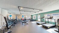 This fitness center offers a comprehensive exercise environment designed to accommodate a wide range of workout needs. The space is organized into distinct functional zones, making it easy to navigate between cardio training, strength work, and functional fitness. Durable rubber flooring spans the entire area, providing both safety and comfort underfoot.

The cardio zone is lined with multiple treadmills, elliptical machines, and a rowing machine, all positioned near large windows that invite ample natural light and outdoor views, creating an energizing atmosphere during workouts. A teal accent wall adds a bold, modern touch to this area of the room.

The strength training section features a full rack of dumbbells displayed along a mirrored wall, allowing users to monitor their form. Several adjustable weight benches are positioned centrally, offering versatile training options. Multi-station cable machines and selectorized strength equipment round out the resistance training offerings.

A dedicated functional training corner houses a well-stocked rack of medicine balls, kettlebells, and stability balls in various sizes and weights, catering to dynamic and sport-specific training. Track lighting mounted on black rails runs throughout the ceiling, ensuring consistent, even illumination across all zones. A textured ceiling and neutral wall tones contribute to the facility's clean, focused aesthetic.