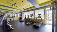 Located at 2120 Village Park Rd in Plant City, Florida, this fitness center offers a well-equipped, energetic workout environment designed to support a full range of exercise routines. The space is immediately distinguished by its bold color scheme — vivid yellow walls accented with blue horizontal bands — creating a lively and motivating atmosphere throughout. The ceiling features tray details painted to match, adding architectural interest and a sense of height to the room. Durable dark rubber flooring covers the entire area, providing both safety and functionality underfoot. Natural light fills the space through multiple windows fitted with horizontal blinds, while ceiling fans help maintain comfortable airflow. The cardio zone is well-stocked with treadmills, elliptical trainers, and a stationary bike, all equipped with individual display screens. The strength training area includes a multi-station cable machine, a squat/power rack with weight plates, and a full dumbbell rack with a range of free weights. A wall-mounted flat-screen television is positioned for easy viewing during workouts. Mirrored walls on one side expand the visual space and assist with form checks. Glass-paned doors on multiple sides of the room provide direct outdoor access, further enhancing the bright, open feel of this single-floor fitness facility.