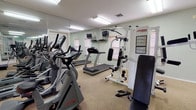 This single-level fitness room is designed to support a comprehensive workout routine, offering a well-rounded selection of both cardiovascular and strength training equipment. The room is furnished with multiple cardio machines, including a True treadmill, Life Fitness elliptical trainers, and a stationary bike, providing users with a variety of aerobic exercise options. A Life Fitness multi-station cable strength machine serves as the centerpiece for resistance training, accompanied by an adjustable bench, allowing for a range of exercises targeting multiple muscle groups. A workout reference chart is posted on the wall near the strength station for guidance.

The room features wall-to-wall mirrors along multiple walls, visually expanding the space and allowing users to monitor their form during exercise. Fluorescent flush-mount light fixtures provide consistent, even illumination throughout the room. The flooring is fitted with a neutral, low-pile carpet suitable for gym use. Natural light is introduced through windows fitted with wooden blinds, offering ventilation and ambient light. A small wall-mounted television is positioned for viewing during cardio sessions. The space is accessed through a glass-paned door, contributing to an open and approachable feel within this dedicated fitness facility.