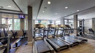 Located at 5407 Edwards Plantation Dr in Columbus, Ohio, this fitness center is a well-equipped, single-floor facility designed to support a comprehensive workout experience. The space features a row of modern treadmills positioned along a wall of large, multi-pane windows that flood the room with natural light and offer pleasant views of the surrounding greenery. Floor-to-ceiling mirrors line the walls, visually expanding the space and allowing users to monitor their form throughout their workouts. The ceiling features a recessed tray design with integrated can lighting, contributing to the clean, polished aesthetic of the room. Walls are finished in a neutral gray tone, complementing the wood-look flooring that runs throughout the space. Multiple flat-screen TVs are mounted at eye level near the cardio equipment, providing entertainment during exercise sessions. Additional cardio equipment, including a rowing machine, is positioned to the side, ensuring a variety of training options. The overall ambiance is bright, modern, and functional, reflecting a facility designed with the active user in mind.