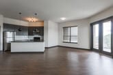 Located at 318 W 17th St in Chattanooga, Tennessee, this contemporary single-floor residence showcases a thoughtfully designed open-concept layout with a cohesive modern aesthetic throughout. Rich hardwood-style flooring flows seamlessly through the main living areas, complemented by crisp white walls and bold dark trim that frame each room with a striking contrast.

The open living and dining area is generously proportioned, bathed in natural light from multiple large windows fitted with horizontal blinds and a set of glass French doors that open to the outdoors. The kitchen is a standout feature, outfitted with dark espresso cabinetry, granite-style dark countertops, stainless steel appliances including a refrigerator, range, and microwave, and a peninsula with a built-in sink ideal for casual dining or entertaining. Sleek pendant lighting adds a modern finishing touch above the kitchen area.

The bathroom features dark vanity cabinetry with dark stone countertops, a full soaking tub with tiled surround, and hardwood-style flooring. The bedroom offers plush carpeting and a large window that brings in natural light, while a walk-in closet provides ample storage. Throughout the unit, bold dark panel doors add a distinctive, contemporary design element.