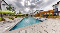 Located at 4700 Fossil Dr in Haltom City, Texas, this outdoor amenity space is a thoughtfully designed resort-style retreat that serves as a central gathering hub for its community. The centerpiece is a generously sized, freeform swimming pool with crystal-clear blue water, featuring built-in sun shelves with in-water loungers and gentle water features that add both visual appeal and a relaxing ambiance. The pool deck is finished with a sophisticated patterned paver surface that extends throughout the outdoor area, providing a clean and durable foundation for all activities. A striking warm-toned wood pergola anchors one corner of the pool deck, offering a shaded social space ideal for outdoor dining or casual gatherings. Adjacent to the pool, lush green lawn areas provide additional lounging space, lined with modern white chaise lounges, vibrant green umbrellas, and colorful accent furniture. Mature trees and native landscaping add privacy and natural beauty, while raised planting beds with ornamental grasses and shrubs contribute to the polished, layered aesthetic. The surrounding multi-story residential buildings feature a contemporary design combining white board-and-batten siding with brick accents, framing the outdoor space with an architecturally cohesive backdrop. The overall atmosphere is upscale, inviting, and well-appointed for outdoor relaxation and socializing.