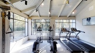 This fitness center is a thoughtfully designed workout space that seamlessly blends architectural elegance with functional amenity. The room is defined by its striking vaulted ceiling with exposed white-painted wood beams, lending a sense of openness and volume that elevates the overall atmosphere. A shiplap ceiling treatment adds a refined, contemporary-rustic character throughout the space.

Natural light pours in abundantly through large, multi-pane windows that wrap the room, framing beautiful views of the surrounding wooded landscape. This connection to the outdoors creates a refreshing and motivating environment for exercise. Track lighting and ceiling-mounted pendant fixtures supplement natural light, ensuring the space is well-illuminated at all times.

The fitness center is outfitted with a selection of cardio equipment, including multiple elliptical machines and a treadmill, all positioned to take full advantage of the scenic outdoor views. The flooring is carpeted, providing comfort underfoot during workouts. A ceiling fan is also present, contributing to air circulation and comfort within the space.

Overall, the fitness center strikes a balance between a high-performance workout environment and a welcoming, architecturally distinctive interior, making it an inviting destination for daily exercise.