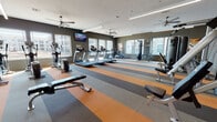 This single-level fitness center is thoughtfully designed to accommodate a wide range of workout routines in a spacious, open environment. The room is defined by its distinctive striped flooring in alternating shades of orange, gray, and charcoal rubber tile, providing both visual appeal and a durable, cushioned surface suitable for exercise. Dark olive-gray walls are contrasted by white ceilings fitted with linear LED lighting strips and multiple ceiling fans, contributing to a comfortable and well-lit atmosphere.

Large windows line the walls, allowing abundant natural light to fill the space and providing views of the surrounding exterior. Full-length mirrors along one wall visually expand the room while enabling users to monitor their form during workouts. The cardio section is well-stocked with multiple treadmills, elliptical trainers, and a stationary bike, each positioned to face the windows. A wall-mounted flat-screen television serves the cardio area for entertainment during workouts.

The strength training area includes a multi-station cable machine, a leg press machine, and a dedicated free weights section featuring a tiered dumbbell rack with a full range of weights accompanied by a flat utility bench. The overall layout is organized and functional, offering a comprehensive fitness experience.