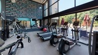 The fitness center at 600 Harrison St in Hoboken, New Jersey is a well-equipped, modern workout facility designed to motivate and accommodate a full range of exercise needs. The space is defined by soaring floor-to-ceiling windows that flood the interior with natural light and offer open views of lush greenery and an adjacent outdoor terrace, creating an energizing atmosphere for workouts.

The cardio zone is lined with treadmills, ellipticals, and a stair climber, all positioned to take advantage of the expansive outdoor views. A dedicated strength training area features a multi-station cable machine system, along with a tiered dumbbell rack and adjustable bench for free weight exercises. Motivational typography covers the dark accent walls, with bold phrases such as "Set Goals," "Push Yourself," and "No Excuses," reinforcing the gym's energetic character. Large mirrors along the strength training wall visually expand the space and assist with form.

The flooring throughout consists of durable striped fitness carpeting, and wall-mounted flat-screen televisions provide entertainment during workouts. Exercise mats and stability balls are available for stretching and functional training. The teal accent walls complement the dark-toned equipment and bold signage, giving the facility a cohesive and contemporary aesthetic. The fitness center is directly accessible via glass entry doors and connects seamlessly to the outdoor terrace area.