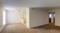 This single-floor space presents a clean, functional layout with a neutral aesthetic throughout. The main living area is finished with wall-to-wall carpeting in a warm beige tone, providing a soft and comfortable underfoot feel. Smooth, cream-colored walls offer a blank canvas well-suited for personalization.

A ceiling fan with an integrated light fixture is installed overhead, contributing to both air circulation and ambient lighting in the main living zone. HVAC vents are positioned along the walls and ceiling, ensuring climate control throughout the space. A thermostat is visibly mounted on the wall, offering convenient temperature management.

An open passage connects the main living area to an adjoining room or hallway, suggesting a straightforward and accessible floor plan. The partial wall dividing these zones adds a degree of definition without fully closing off the space, maintaining an open feel. Additional electrical outlets are distributed along the baseboards, providing practical utility throughout.

Overall, the space is characterized by its simplicity, neutral finishes, and practical layout, making it a versatile and move-in-ready environment.