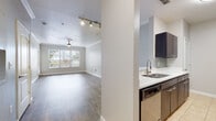 This single-story space is designed with a clean, contemporary aesthetic that balances functionality and comfort. The open-concept layout connects the kitchen and living area seamlessly, creating an inviting flow throughout the main living space. Crown molding accents the living area ceiling, while track lighting and a ceiling fan provide both practical illumination and added comfort. Large windows dressed with horizontal blinds allow generous natural light to fill the space, offering views of surrounding greenery.

The kitchen is well-appointed with dark espresso-toned cabinetry paired with crisp white countertops, a herringbone-patterned tile backsplash, stainless steel appliances including a refrigerator and dishwasher, and a double-basin sink. Light tile flooring grounds the kitchen area, while the adjacent living and bedroom areas feature warm wood-look plank flooring throughout.

The bedrooms are generously proportioned, each offering ceiling fans, wood-look flooring, and windows that bring in ample natural light. The bathroom features a wide vanity with a white countertop, dark cabinetry, brushed nickel fixtures, a large mirror, and a full tub-shower combination with white tile surround. The overall palette of soft neutrals and modern finishes creates a cohesive and well-maintained living environment.