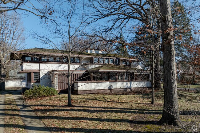 The historic Hiram Baldwin House is a Frank Lloyd Wright Prairie School home built in 1905.