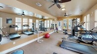 Located at 4250 Old Decatur Road in Fort Worth, Texas, this fitness center offers a well-equipped workout space designed to support a variety of exercise routines. The room features warm beige walls, carpeted flooring, and multiple ceiling fans that help maintain a comfortable environment during workouts.

Natural light filters in through several windows fitted with blinds along the perimeter walls, creating a bright and inviting atmosphere. A large wall-length mirror runs along one side of the room, visually expanding the space and allowing users to monitor their form during exercise.

The cardio section is equipped with True-brand treadmills and an elliptical machine, complemented by a stationary recumbent bike. A wall-mounted flat-screen television is positioned for easy viewing during cardio sessions. For strength training, the center includes a multi-station cable weight machine with various attachment points, a barbell rack with weight plates, and an assortment of stability balls in multiple sizes. A fitness center information board is posted near the entrance, and clearly marked exit signage ensures safety throughout the space.

Ceiling fans positioned throughout the room provide consistent air circulation, enhancing comfort during use. The combination of cardio equipment, strength training machines, and functional training accessories makes this fitness center a practical and comprehensive amenity for residents of the community.