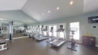 This single-floor fitness center offers a dedicated space for cardiovascular exercise, thoughtfully designed with both functionality and comfort in mind. The room features a row of treadmills and elliptical machines, each equipped with individual display screens, arranged to face a large floor-to-ceiling mirror that spans one full wall. The mirrored wall visually expands the space while allowing users to monitor their form during workouts. A stationary bike rounds out the cardio equipment selection near the far end of the room.

The walls are painted in a calming muted teal tone, complemented by white trim and recessed lighting in the angled ceiling, which adds architectural interest while providing ample, even illumination throughout the space. French-style doors along the back wall introduce natural light and offer views to an outdoor area, enhancing the overall brightness and openness of the room. The flooring consists of dark rubber material, practical for a high-traffic fitness environment. The overall ambiance is clean, modern, and welcoming, creating an inviting atmosphere for daily exercise routines.