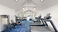 Located at 1277 San Tomas Aquino Rd in San Jose, CA, this fitness center is a thoughtfully designed exercise facility that maximizes both function and comfort. The room is defined by a striking vaulted ceiling that rises to an impressive peak, lending the space an airy, open feel well beyond its physical footprint. Rows of clerestory windows along the upper gable walls, combined with large floor-to-ceiling windows and glass-paneled double doors, flood the interior with abundant natural light and offer views of lush outdoor greenery and a nearby pool area.

The floor is covered in a stylish blue patchwork carpet tile, providing cushioning and visual warmth throughout the space. White walls and bright recessed skylights further enhance the clean, modern aesthetic.

The fitness center is comprehensively outfitted for a full-body workout. Cardio equipment includes multiple treadmills, an elliptical trainer, a rowing machine, and a stationary bike. A dedicated free weights section features multiple dumbbell racks with a wide range of weights, accompanied by adjustable benches. A multi-function cable machine rounds out the strength training options. Full-length mirrors along one wall amplify the sense of space and allow for proper form checks. The combination of natural light, high ceilings, and diverse equipment makes this an inviting and fully functional fitness environment.