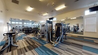 This fitness center is designed to support a full spectrum of workout routines, offering a well-organized and comprehensively equipped space for both strength training and cardiovascular exercise. The flooring throughout features a distinctive multi-toned striped carpet in shades of blue, tan, and gray, adding a modern aesthetic to the space while providing a comfortable underfoot surface.

The strength training area is anchored by a robust selection of Precor selectorized weight machines, catering to a variety of muscle groups, and is complemented by a full dumbbell rack with an extensive range of free weights. Stability balls in multiple sizes add functional training options to the mix. Full-length mirrors line the walls, visually expanding the space and allowing users to monitor their form during workouts.

The cardio zone is positioned along a windowed wall, where a row of high clerestory windows allows abundant natural light to fill the area. Treadmills, elliptical trainers, and a stationary bike provide diverse options for aerobic exercise. Crown molding and clean white walls contribute a polished finish to the interior. Recessed and fluorescent lighting ensures the space is well-lit throughout, and a wall clock keeps users on schedule. The overall atmosphere is clean, functional, and inviting.