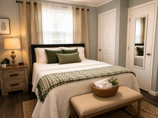 Queen bedroom with premium linens, blackout curtains, and a peaceful atmosphere for restful nights. - 1115 Henrietta Dr